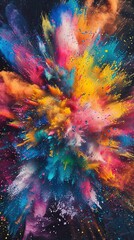 Wall Mural - Explosion of bright colorful paint on black background, burst of multicolored powder, abstract pattern of colored dust splash