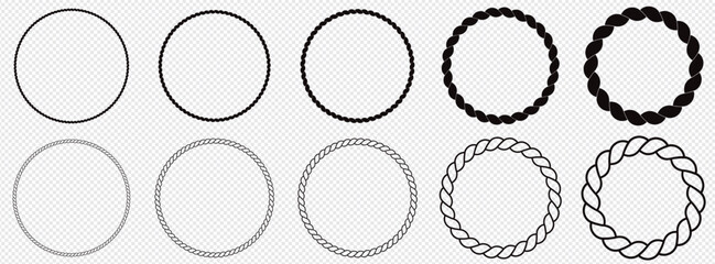 Round rope curve symbol set. Different thickness circular ropes set for decoration. Vector isolated on transparent background.
