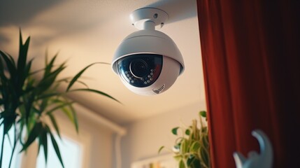 Poster - Surveillance camera mounted on a wall next to a decorative potted plant, suitable for security concepts
