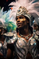 Poster - A group of people dressed in vibrant costumes with feathers. Suitable for festive events and celebrations