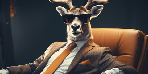 Aufkleber - A stylish giraffe wearing sunglasses and a suit sitting in a chair. Perfect for fashion or quirky themed designs