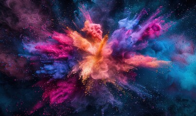 Wall Mural - Explosion of bright colorful paint on black background, burst of multicolored powder, abstract pattern of colored dust splash