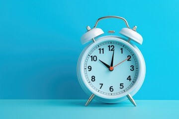 Poster - Simple white alarm clock on blue background. Perfect for time management concepts