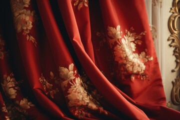 Poster - Detailed close up of a red curtain with gold flowers, suitable for interior design projects