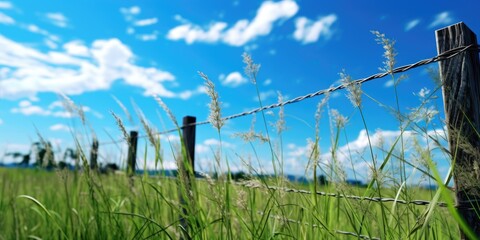 Poster - A wooden fence in a field of tall grass. Ideal for rural and nature-themed designs
