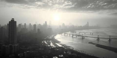 Poster - A monochromatic view of a city skyline, suitable for urban-themed designs