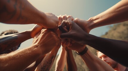 Poster - Group of people with hands together. Suitable for teamwork concepts