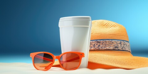 Poster - Straw hat, sunglasses, and travel mug on a beach. Perfect for travel or vacation concept