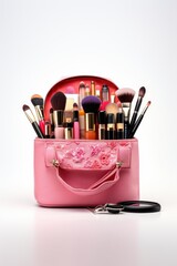 Poster - A pink case filled with makeup brushes and a pair of scissors. Ideal for beauty and salon concepts