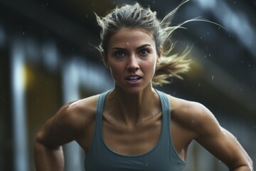 Poster - A woman running in the rain, suitable for weather or fitness concepts