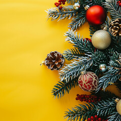 Wall Mural - Christmas decoration on yellow background, ai technology