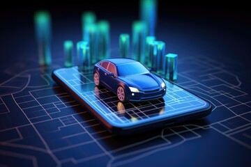 Poster - A cell phone with a blue toy car on top. Suitable for technology and toy concepts
