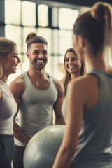 Wall Mural - Group of people gathered around a gym ball. Suitable for fitness or teamwork concepts