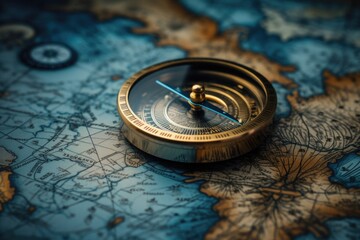 Poster - Close up of a compass on a map, suitable for travel concepts