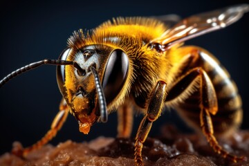 Poster - Close up of a bee on a piece of food, suitable for nature or food-related projects
