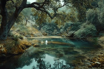 Poster - Peaceful stream flowing through vibrant green forest, ideal for nature backgrounds