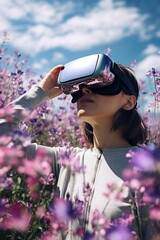 Poster - Woman wearing virtual reality headset in vibrant purple flower field. Perfect for technology and nature concepts