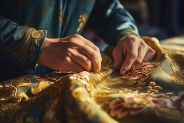 Canvas Print - Close up of a person working on a piece of cloth, suitable for textile industry projects