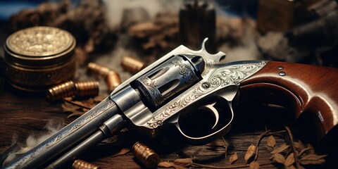 Poster - A gun placed on a table with various items around it. Suitable for crime and investigation themes