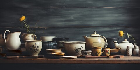 Poster - A collection of various pottery displayed on a wooden table. Ideal for home decor or artisanal concepts