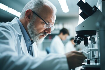 Poster - A man in a lab coat looking through a microscope. Suitable for scientific and research concepts