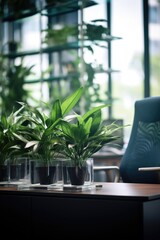 Poster - A desk with plants and a laptop, perfect for home office or workplace concept