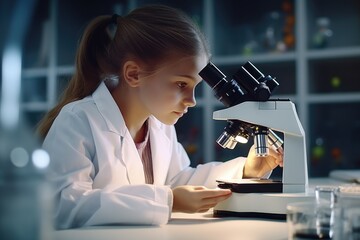 Aufkleber - Woman in lab coat examining specimen. Ideal for scientific concepts