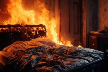 Poster - A bed engulfed in flames in a dimly lit room. Suitable for illustrating fire hazards