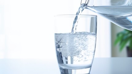 Poster - Water being poured from a pitcher into a glass. Suitable for beverage and hydration concepts