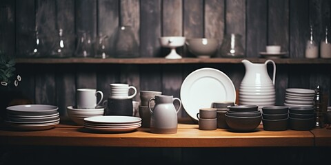 Poster - A variety of plates and cups arranged neatly on a table. Ideal for restaurant menus or event planning