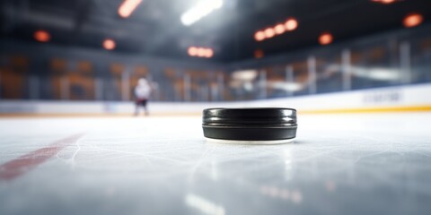 Poster - A hockey puck resting on an ice rink. Perfect for sports and winter themes