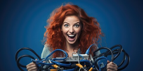 Poster - A woman with red hair holding a bunch of wires. Suitable for technology and connectivity concepts