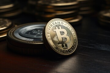 Aufkleber - A single bitcoin sitting on top of a stack of coins. Suitable for financial concepts