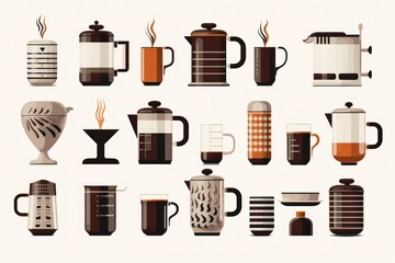 Poster - Various coffee pots and mugs on white background. Perfect for coffee shop or kitchen concept