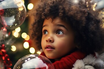 Poster - A young girl holding a snow globe in front of a festive Christmas tree. Perfect for holiday and winter-themed designs