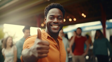 Poster - A man giving the thumbs up sign in front of a group of people. Suitable for business and teamwork concepts