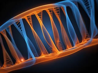 macro of orange and blue strands colored genetic code DNA molecules, Biotechnology conceptual illustration