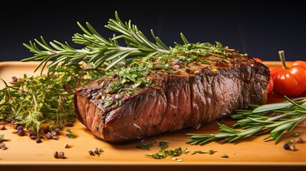 Wall Mural - A piece of steak with a sprig of rosemary.