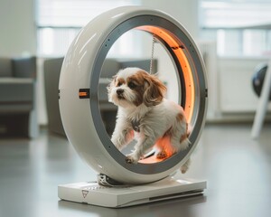 A small dog playfully stands inside a circular object, resembling a robotic pet exercise wheel, offering fun and challenge in a miniature scale setting