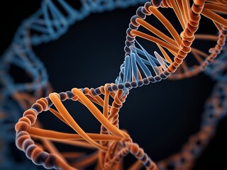 macro of orange and blue strands colored genetic code DNA molecules interwoven in a spiral, Biotechnology conceptual illustration