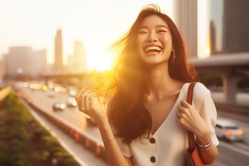 Wall Mural - Happy Asian Woman in the city at sunset