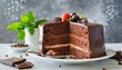  Delicious chocolate cake on plate on table on light background 