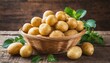 Fresh raw baby potato in a basket over wooden background.