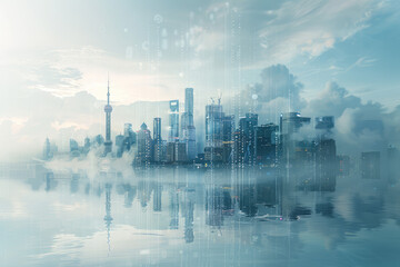 Poster - Futuristic city skyline merging with digital code, symbolizing business innovation