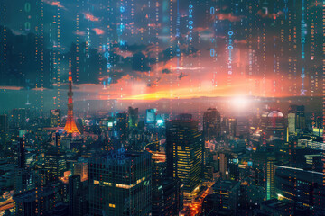 Poster - Futuristic city skyline merging with digital code, symbolizing business innovation
