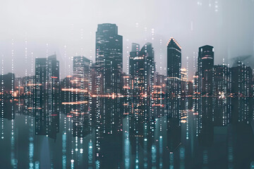 Poster - Futuristic city skyline merging with digital code, symbolizing business innovation