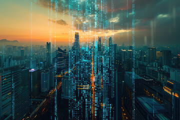 Poster - Futuristic city skyline merging with digital code, symbolizing business innovation
