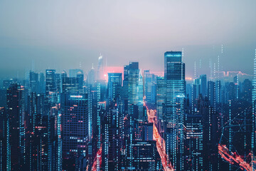 Poster - Futuristic city skyline merging with digital code, symbolizing business innovation