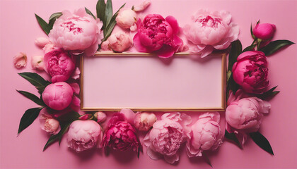 Wall Mural - Peonies, roses on pink background with copy space. Abstract natural floral frame layout