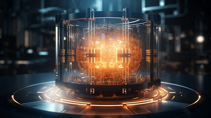 Poster - modern quantum computer, futuristic quantum technology for cyber cyber security, quantum computing for data protection 